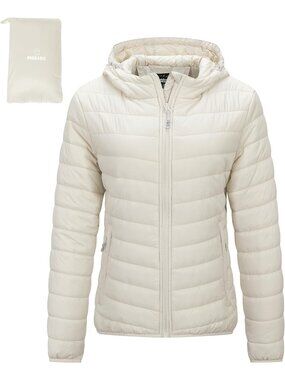 〽️Women’s Beige Packable Puffer Jacket with Hood Lightweight Winter Coat